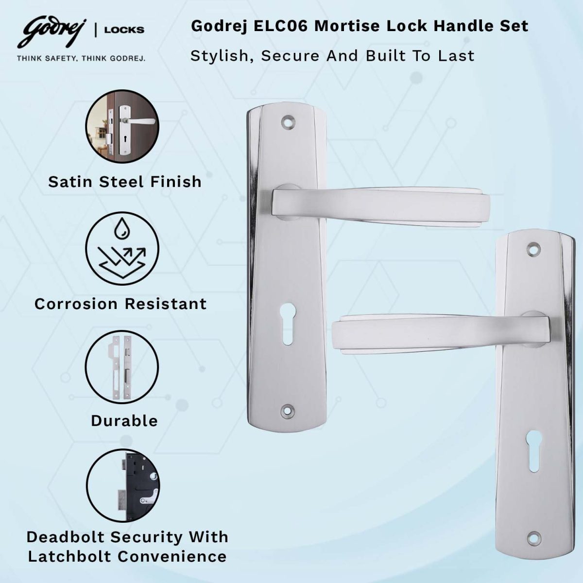 Godrej Mortise Door Lock Handle Set | 175mm ELC 06 | 6-Lever Locking Mechanism | Suitable for Doors (Satin Steel Finish) | 1 Years Warranty - Image 2