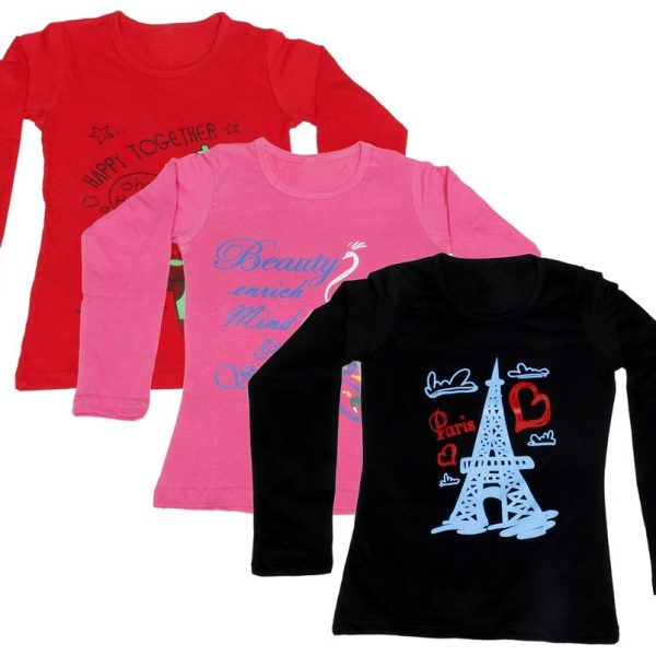 IndiWeaves Girls Cotton 3 Full Sleeves Printed T-Shirt Pack of