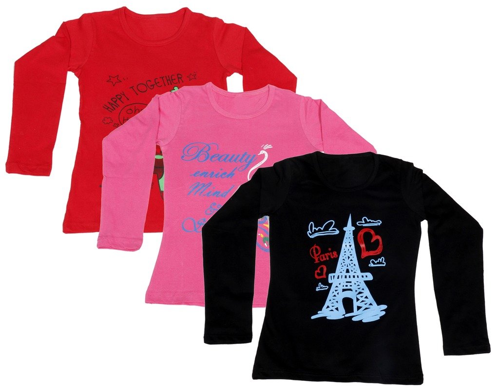IndiWeaves Girls Cotton 3 Full Sleeves Printed T-Shirt Pack of