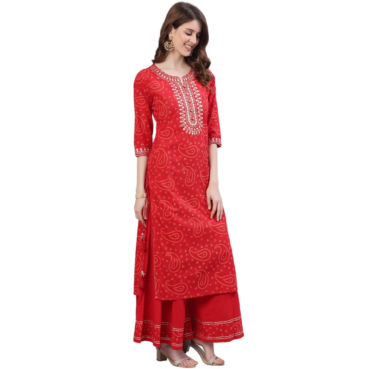 ishin Women's Cotton Bandhani Embroidered Straight Kurta Set with Sharara and Dupatta - Image 6
