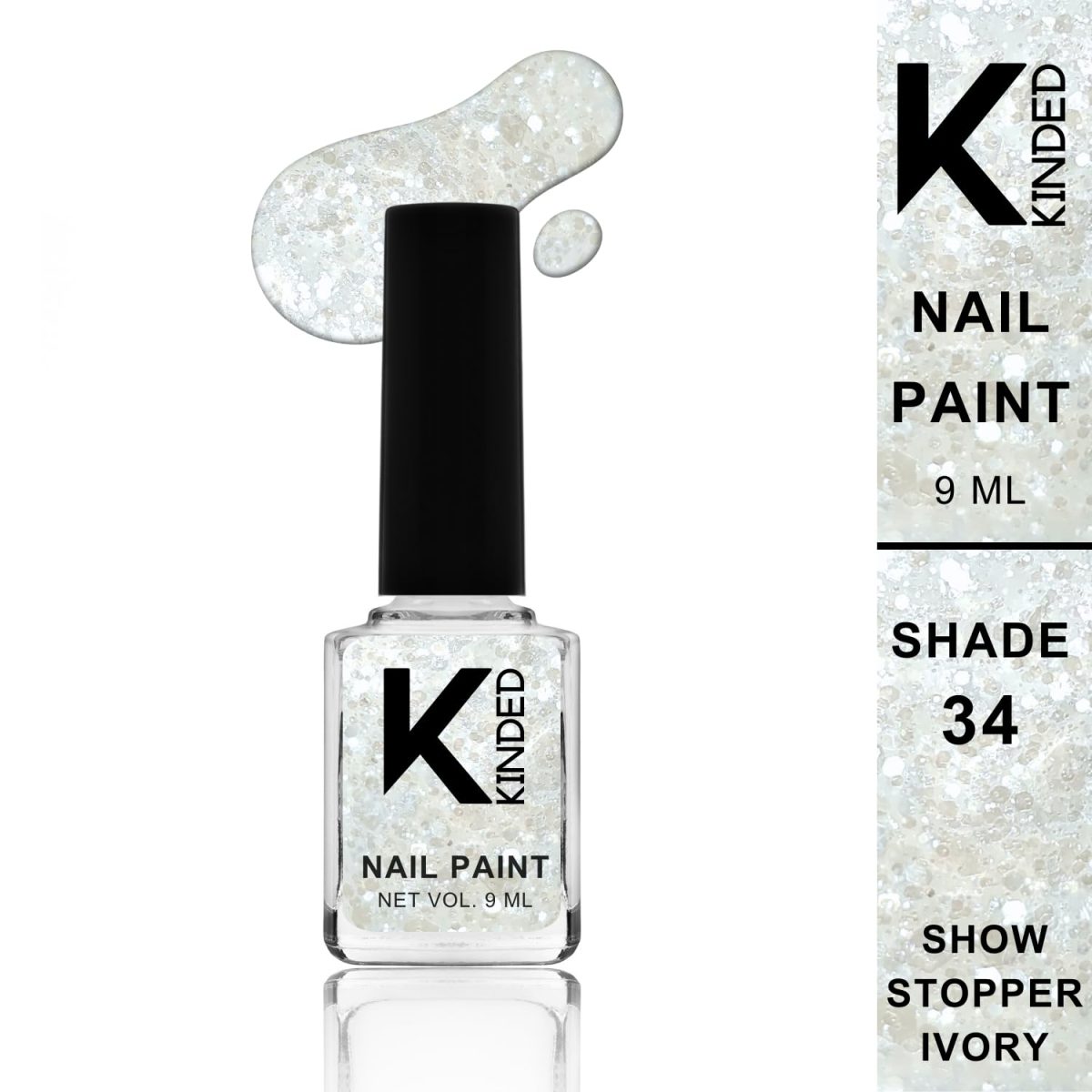 KINDED Nail Paint Long Lasting Lacquer Nail Art Nail Polish Enamel Nail Polish Glitter Topper Coat for Girls Women (9 ml, Glittery Finish, Shade 34 Showstopper Ivory) - Image 2