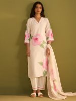 INDO ERA Women's Straight Linen Floral Print with Sequines Work Kurta Pant with Dupatta Set (IEOUT9825) - Image 3