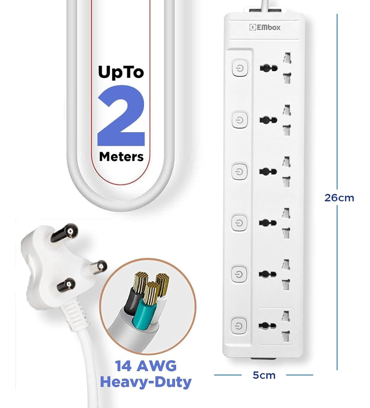 EMBOX Extension Board with Switches 1500 W, 6Universal Sockets, Individual Switch, Safety Shutter, 6 amp Spike Guard, LED Indicator and Safety Shutter, 1.8 Meter Extension Cord - Image 7