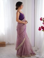 AKHILAM Women's Shimmer Net Solid Saree With Unstitched Blouse Piece - Image 4
