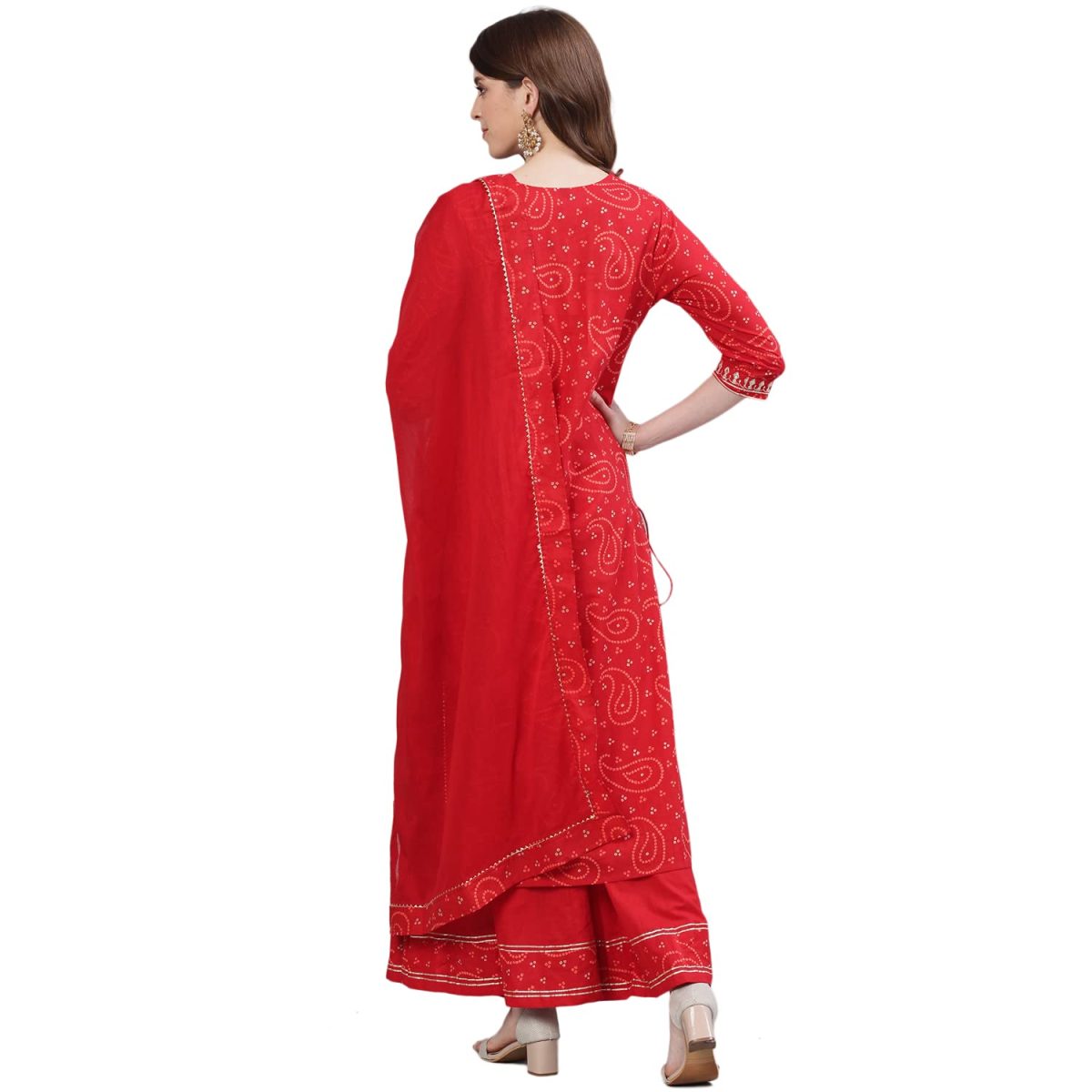ishin Women's Cotton Bandhani Embroidered Straight Kurta Set with Sharara and Dupatta - Image 2