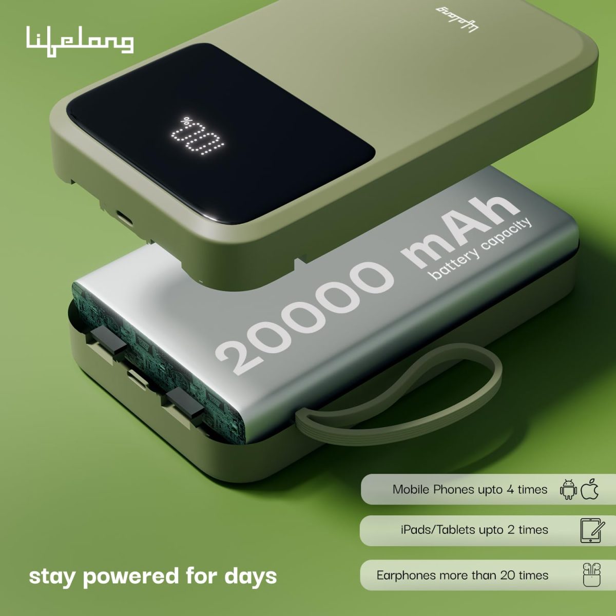 Lifelong ZenCharge 20000 mAh 22.5 W Compact Pocket Size Power Bank with 6 Input/Output Ports (Olive, Lithium Polymer, Fast Charging, Quick Charge 3.0 for Mobile, Earbuds,Speaker, Tablet) - Image 4
