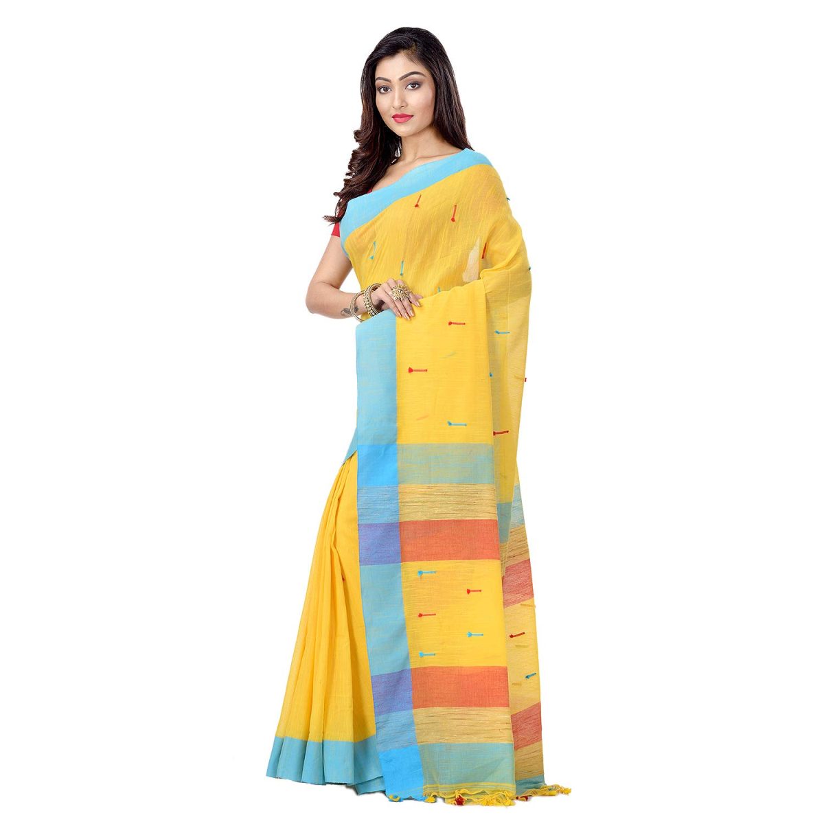 dB DESH BIDESH Women's Tant Cotton Saree With Blouse Piece (DBSARE16022019WOBT1_Yellow, Blue & Red) - Image 2