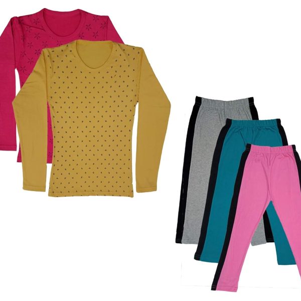 IndiWeaves Girls Cotton Full Sleeve Printed T-Shirts and Cotton Capri 3/4 Pants (Grey,Green,Pink,Magenta,Yellow) Pack of 5
