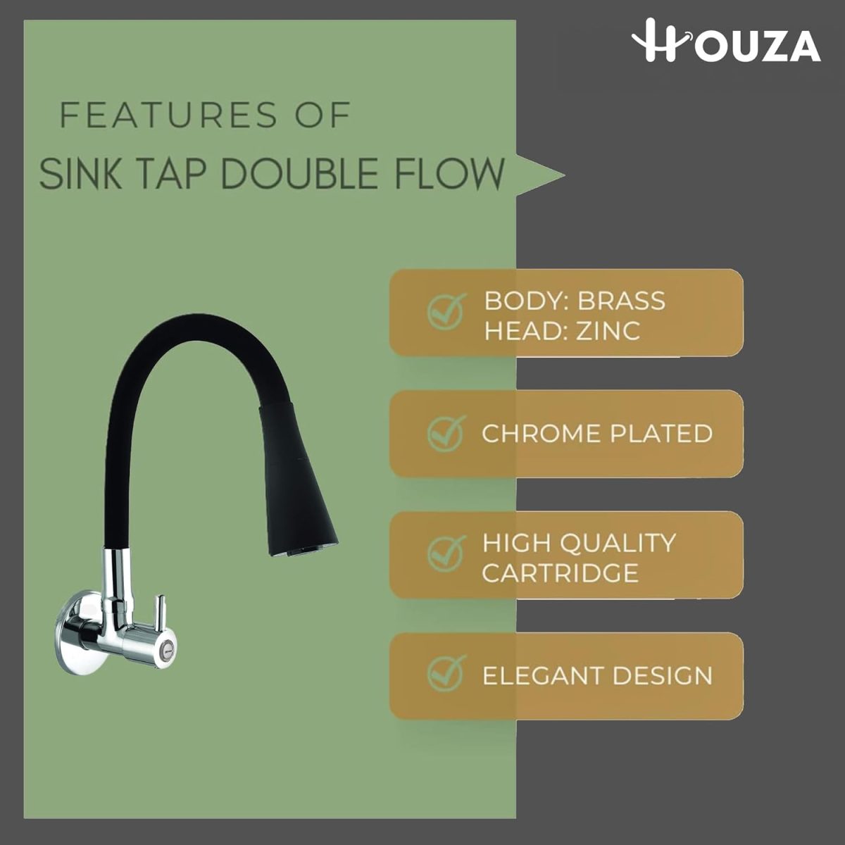 Houza Brass Sink Tap Faucet with 360 Degree Flexible Silicon Swivel Spout & Dual Flow Pattern Flow, Compatible for Hot or Cold Water for Kitchen Sink, Wash Basin, (Chrome Finish/Black) - Image 3