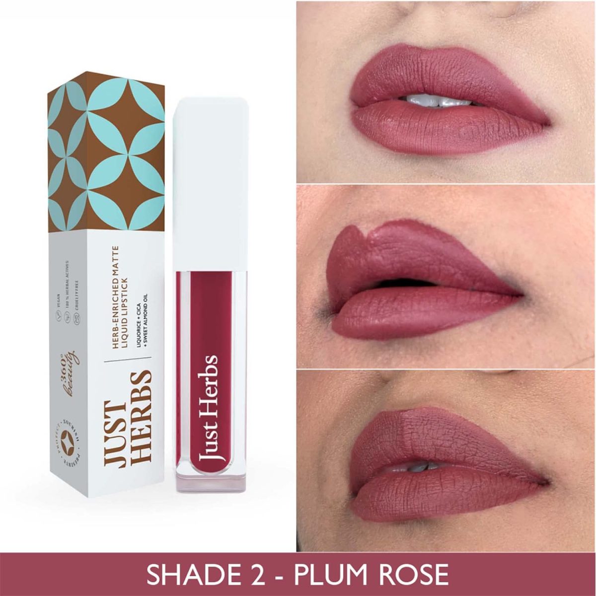 Just Herbs Ayurvedic Creamy Matte Long Lasting Liquid Lipstick, Lightweight & Hydrating Lip Colour with Liquorice & Sweet Almond Oil - Plum Rose - Image 3