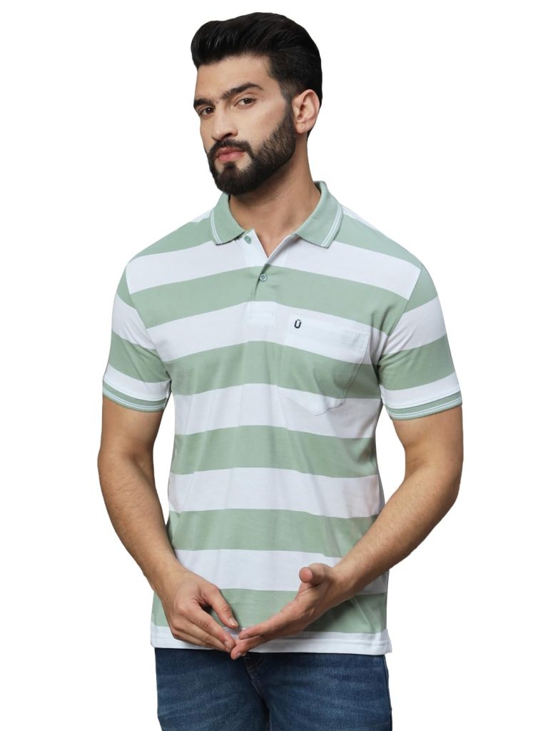 UNIBERRY Men's Cotton Blend Regular Fit Polo Collar Striper T Shirt Has A Short Sleeves & Pocket On Chest-MT3-LG_XXL Light Green