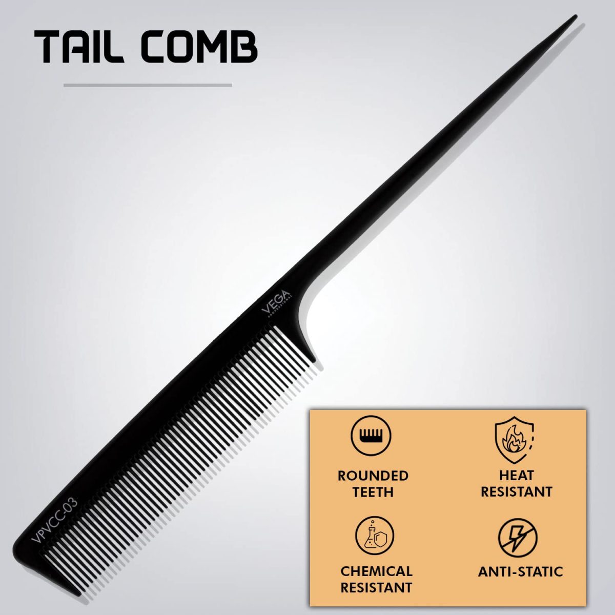 VEGA PROFESSIONAL Tail Comb (Carbon Anti-Static Black Line Hair Comb), (VPVCC-03) - Image 2
