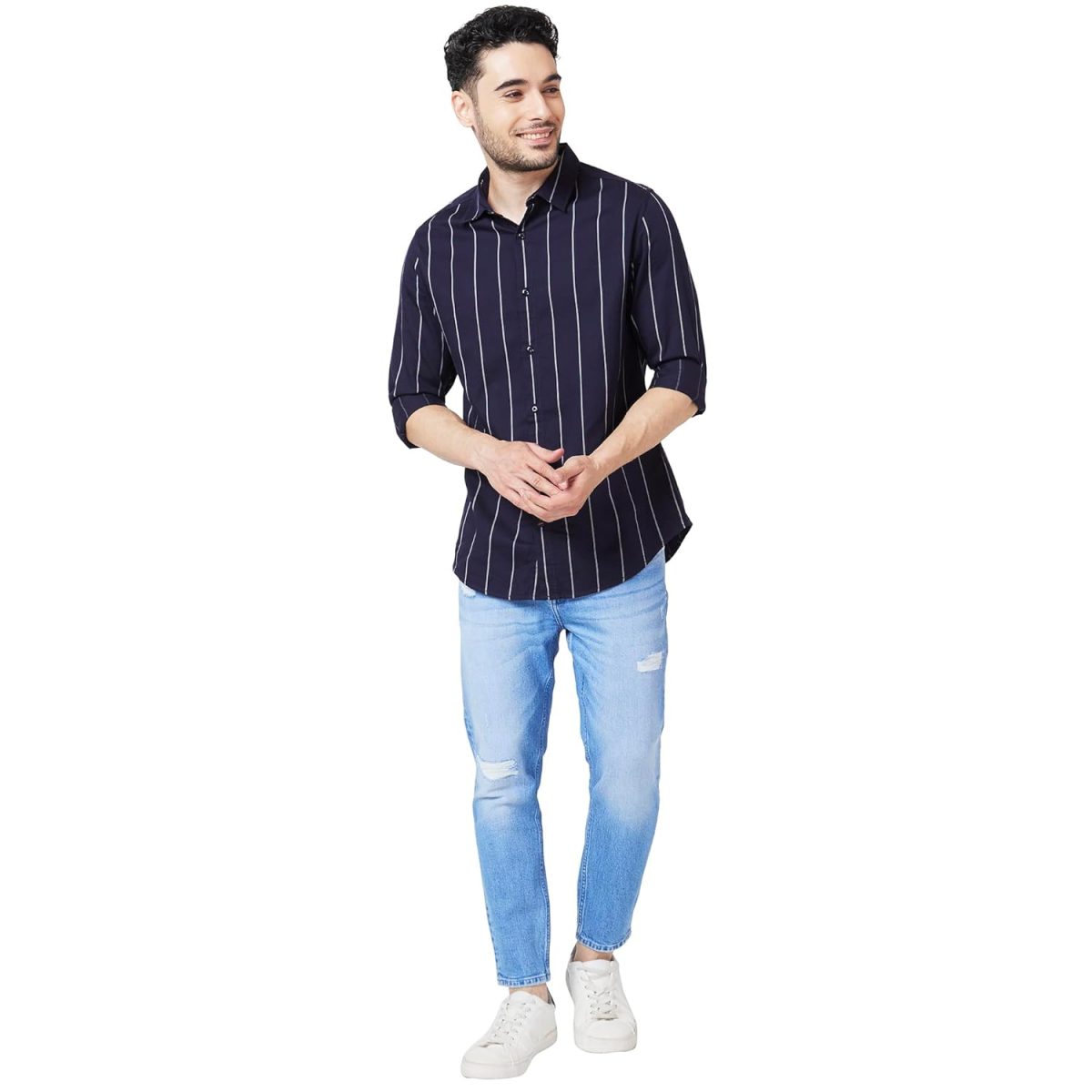 Spykar Men Navy Blue Cotton Slim Fit Full Sleeve Striped Shirt - Image 2