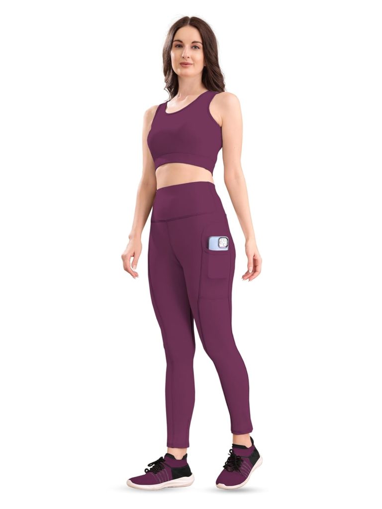 POOJARAN SAREE High-Waist Leggings with Phone Side Pocket, Gym wear Track Suit, Women's 2-Piece Workout Set, Sports Bra, Co-ord Set, Sports Running Suits, Yoga Wear Set