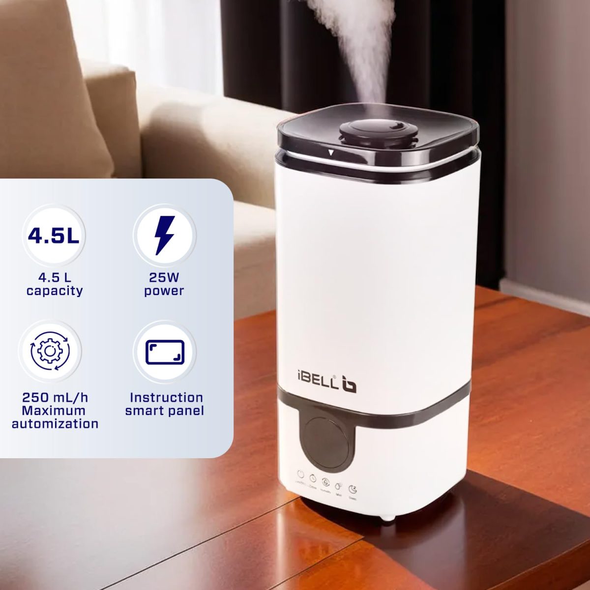 iBELL Humidifier for room with Remote, Digital display, 4.5L, Ultrasonic, Adjustable Mist Output, Super Quiet 360° Nozzle, Lasts Up To 24 Hrs, Essential Oil Diffuser, HU450RB (White) - Image 2