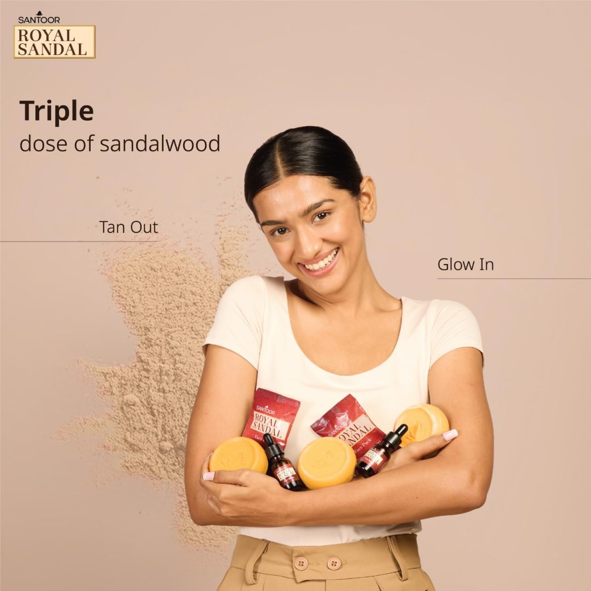 Santoor Royal Sandal Detan Pack | 3 Soaps (150g Each) + Free Serum (15ml) + Free Face Pack (20g) | 100% Sandalwood Oil & Powder | 3-Step Natural Detan | Reduces tan, Improves complexion, Even Skin Tone & Glow - Image 3