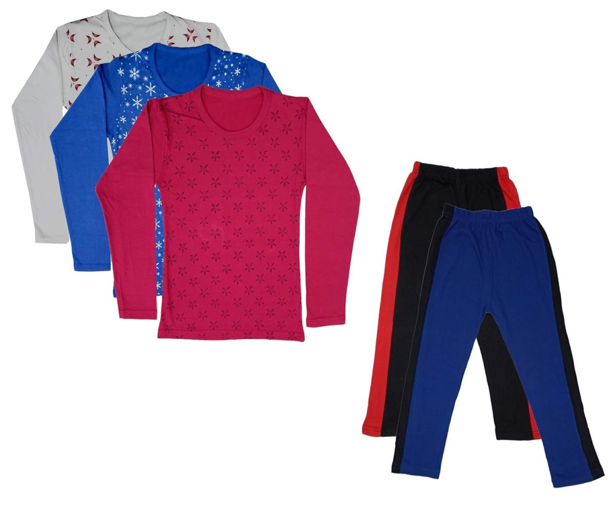 IndiWeaves Girls Cotton Full Sleeve Printed T-Shirts and Cotton Capri 3/4 Pants (Black,Blue,White,Blue,Magenta,8-9 Years) Pack of 5
