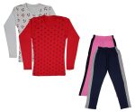 IndiWeaves Girls Cotton Full Sleeve Printed T-Shirts and Cotton Capri 3/4 Pants (Pink,Navy Blue,White,Red,14-15 Years) Pack of 4