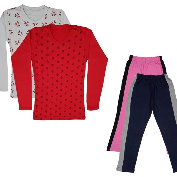 IndiWeaves Girls Cotton Full Sleeve Printed T-Shirts and Cotton Capri 3/4 Pants (Pink,Navy Blue,White,Red,14-15 Years) Pack of 4
