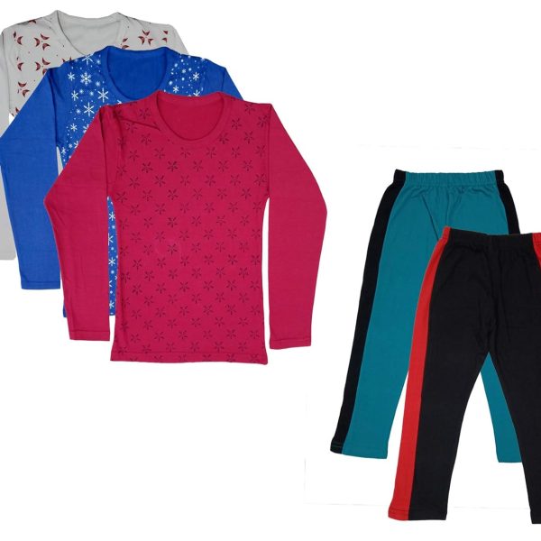 IndiWeaves Girls Cotton Full Sleeve Printed T-Shirts and Cotton Capri 3/4 Pants (Green,Black,White,Blue,Magenta) Pack of 5
