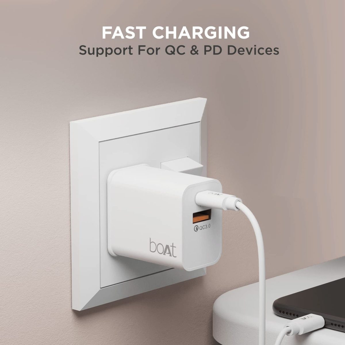 boAt WCDV 22.5W Dual Port Charger with 22.5W Power Delivery Support & 18W Quick Charge 3.0, Smart IC Protection, Auto Detection for Samsung, Xiaomi & Android Users with Type C to Type C Cable(White) - Image 3