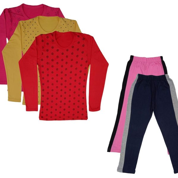 IndiWeaves Girls Cotton Full Sleeve Printed T-Shirts and Cotton Capri 3/4 Pants (Pink,Navy Blue,Magenta,Yellow,Red,11-12 Years) Pack of 5