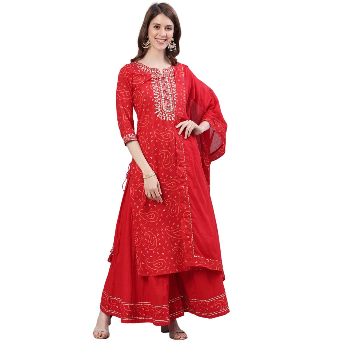 ishin Women's Cotton Bandhani Embroidered Straight Kurta Set with Sharara and Dupatta