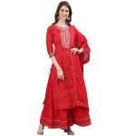 ishin Women's Cotton Bandhani Embroidered Straight Kurta Set with Sharara and Dupatta