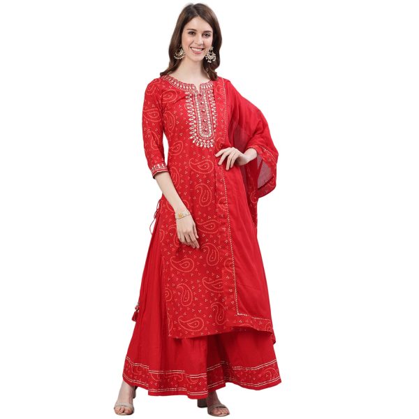 ishin Women's Cotton Bandhani Embroidered Straight Kurta Set with Sharara and Dupatta