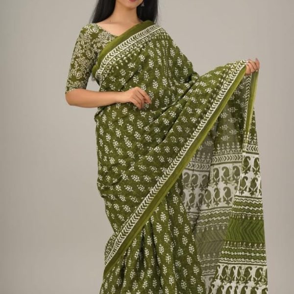 Kiaaron Women's Ikat Hand Block Print Jaipuri Cotton Mulmul Saree with Blouse Piece