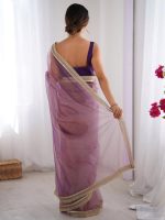 AKHILAM Women's Shimmer Net Solid Saree With Unstitched Blouse Piece - Image 2