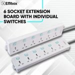 EMBOX Extension Board with Switches 1500 W, 6Universal Sockets, Individual Switch, Safety Shutter, 6 amp Spike Guard, LED Indicator and Safety Shutter, 1.8 Meter Extension Cord - Image 2