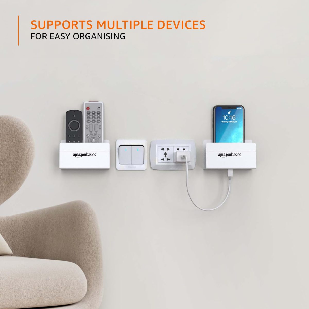 amazon basics Wall Mounted Mobile Holder Storage Case for Phones with Strong Adhesive Strips,Wall Mount Mobile Stand/Multi Purpose Stand with Hole for Phone Charging (White) - Image 4