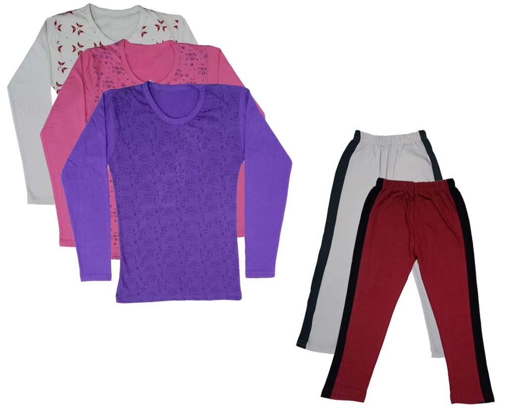 IndiWeaves Girls Cotton Full Sleeve Printed T-Shirts and Cotton Capri 3/4 Pants (White,Maroon,White,Pink,Purple,6-7 Years) Pack of 5