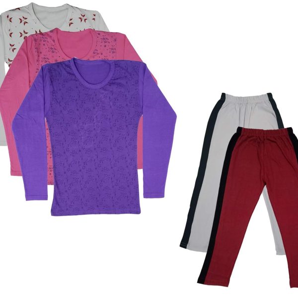 IndiWeaves Girls Cotton Full Sleeve Printed T-Shirts and Cotton Capri 3/4 Pants (White,Maroon,White,Pink,Purple,6-7 Years) Pack of 5