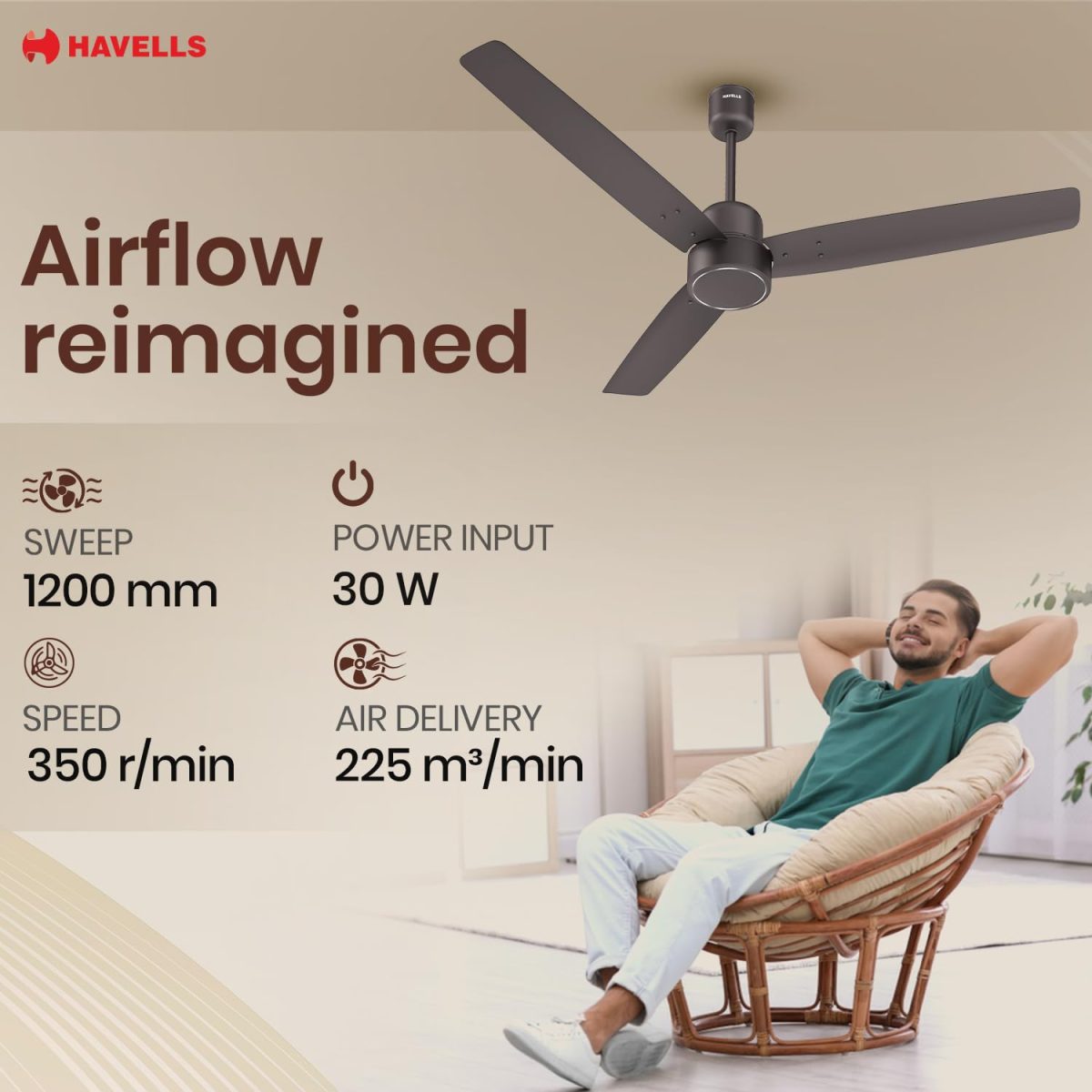 Havells FAB BLDC Ceiling Fan 1200mm, 350 RPM, Savings upto 65%, Reverse Rotation, 4 Modes (Boost, Sleep, Breeze, Mop), Low Wattage 30W, Low Noise, Air Flow:225 CMM, 3 Year Warranty, Cocoa Brown - Image 7