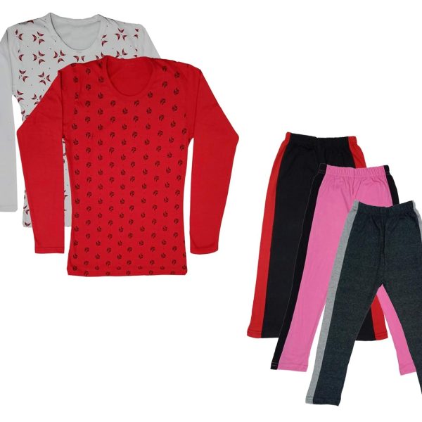 IndiWeaves Girls Cotton Full Sleeve Printed T-Shirts and Cotton Capri 3/4 Pants (Black,Pink,Dark Grey,White,Red,9-10 Years) Pack of 5