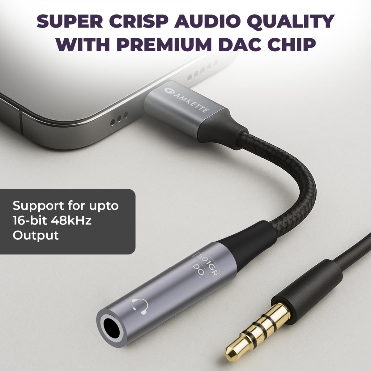 Amkette Type C to 3.5mm Audio Jack Connector | DAC Chipset | Kevlar Braided Cable | Compatible with iPhone 16,15 Series & Other Type C Phones | Premium Aluminum Build | Plug & Play Compatibility - Image 2