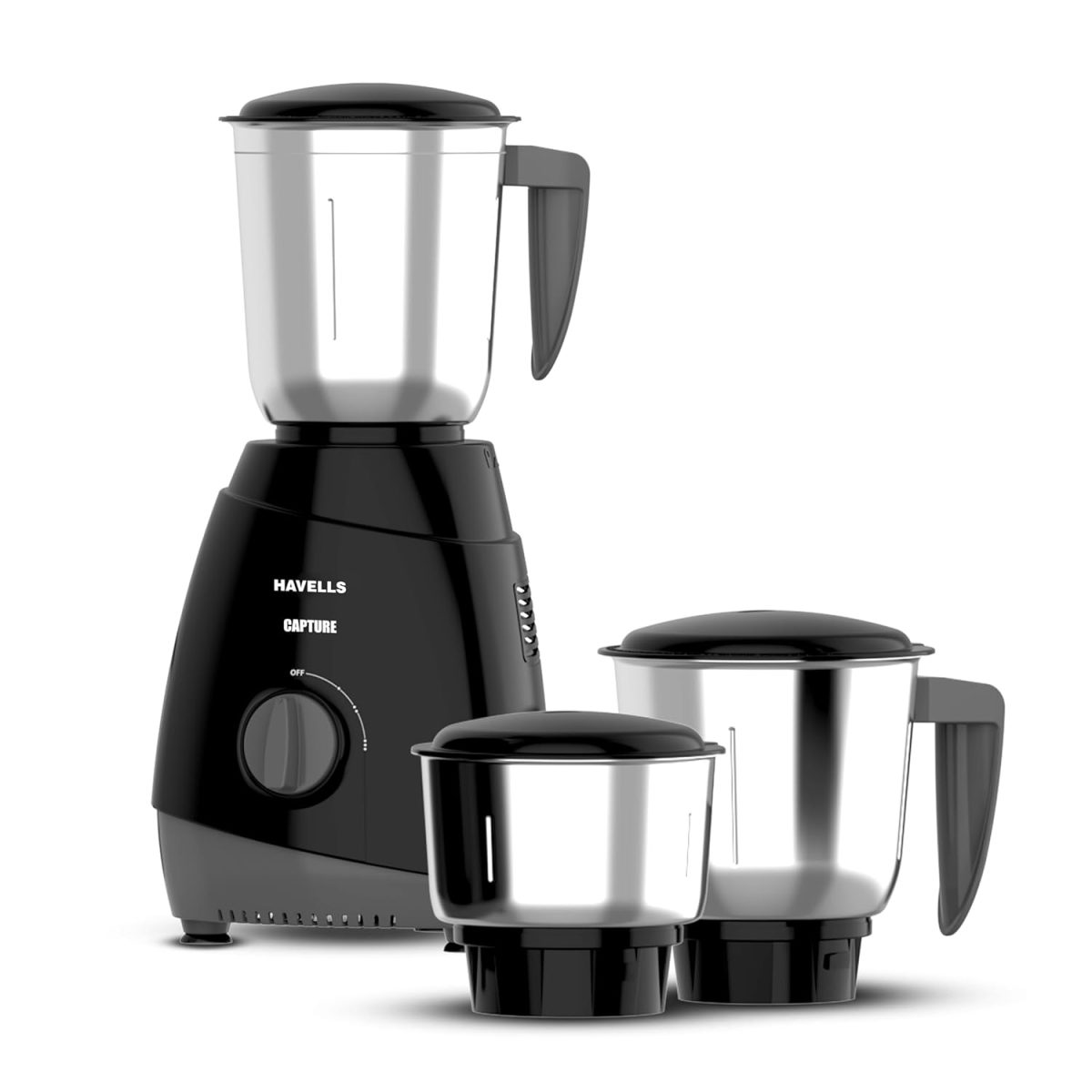 Havells Capture 500W Mixer Grinder 3 Stainless Steel Jars | 21000 RPM High-Speed Motor | Rust-Resistant 304 SS Blades | 1.5L Large Blending Jar | Overheat Protection | 1-Year Warranty (Black)