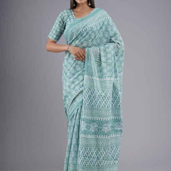 Kiaaron Handicrafts Women's Ikat Hand Block Print Jaipuri Cotton Mulmul Saree with Blouse Piece