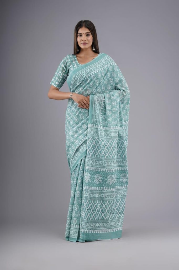 Kiaaron Handicrafts Women's Ikat Hand Block Print Jaipuri Cotton Mulmul Saree with Blouse Piece