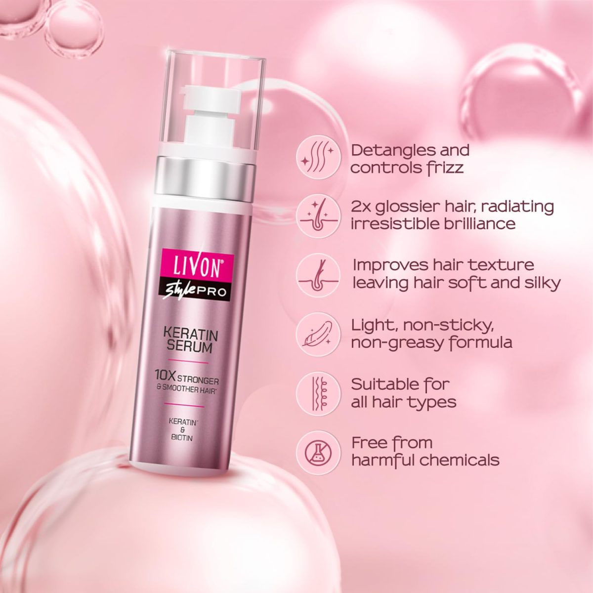 Livon Style Pro Keratin Hair Serum for Women | 10X Stronger & Smoother Hair| With Keratin & Biotin| All Hair Types| 100 ml - Image 4