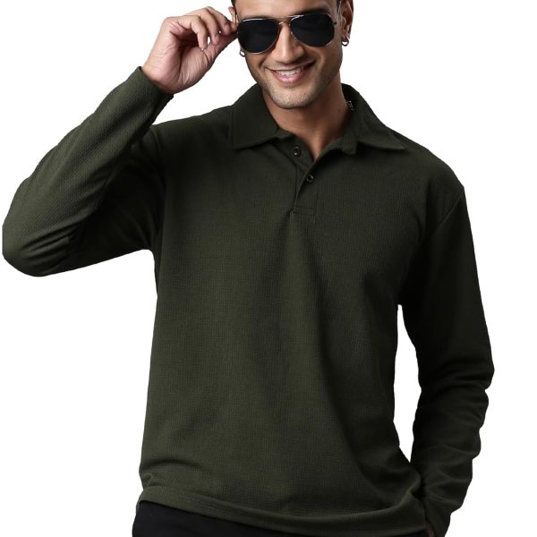 Men's Stylish Textured Full Sleeve Polo T-Shirt (Olive Green)