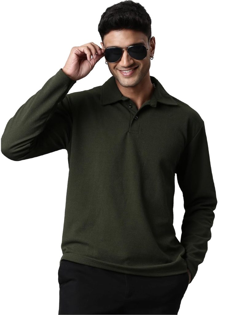 Men's Stylish Textured Full Sleeve Polo T-Shirt (Olive Green)
