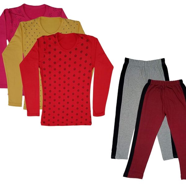 IndiWeaves Girls Cotton Full Sleeve Printed T-Shirts and Cotton Capri 3/4 Pants (Grey,Maroon,Magenta,Yellow,Red,9-10 Years) Pack of 5