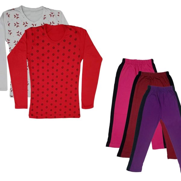 IndiWeaves Girls Cotton Full Sleeve Printed T-Shirts and Cotton Capri 3/4 Pants (Magenta,Maroon,Purple,White,Red) Pack of 5