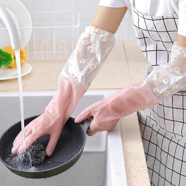 TEKCOOL Reusable Heavy Duty Hand Gloves for Dishwashing, Gardening, Kitchen Cleaning Non-Slippery & Durable Long Elbow Length(Inner Cotton Lining for Comfort), Pack of 1 Pair (Pink).