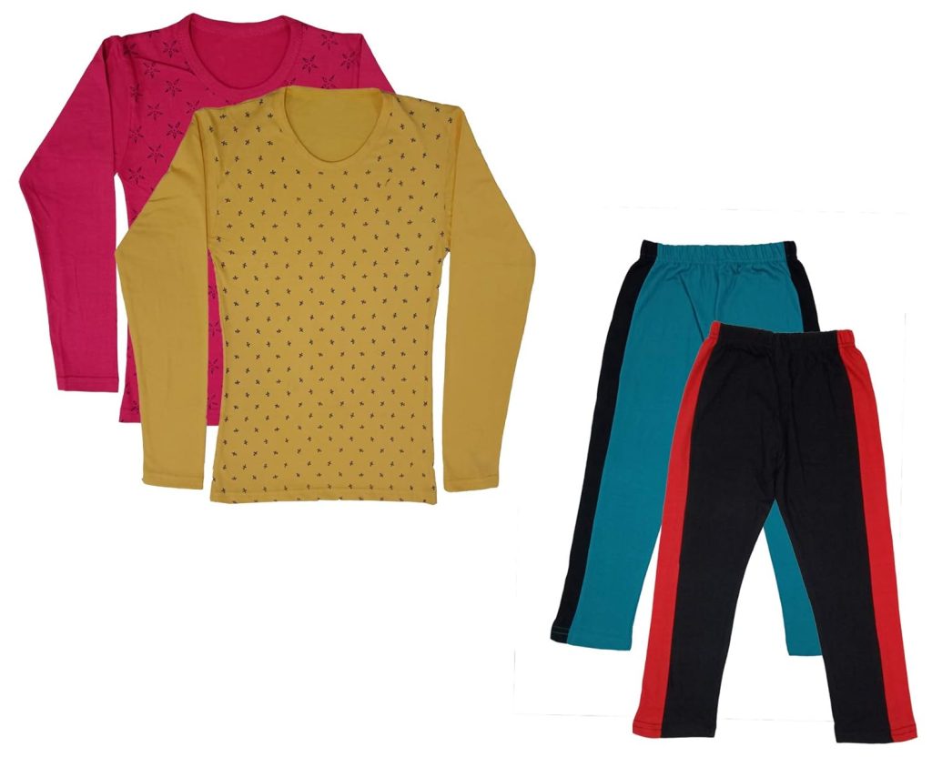 IndiWeaves Girls Cotton Full Sleeve Printed T-Shirts and Cotton Capri 3/4 Pants (Green,Black,Magenta,Yellow,11-12 Years) Pack of 4