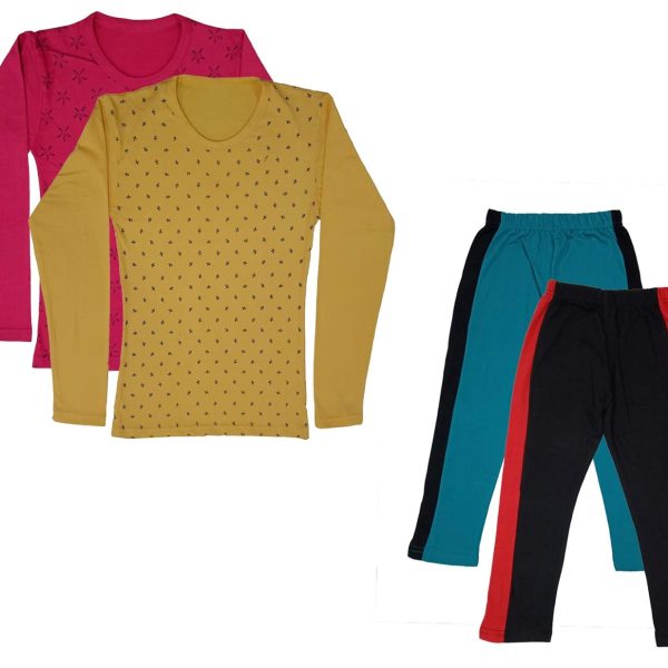 IndiWeaves Girls Cotton Full Sleeve Printed T-Shirts and Cotton Capri 3/4 Pants (Green,Black,Magenta,Yellow,11-12 Years) Pack of 4