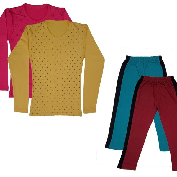 IndiWeaves Girls Cotton Full Sleeve Printed T-Shirts and Cotton Capri 3/4 Pants (Green,Maroon,Magenta,Yellow,11-12 Years) Pack of 4